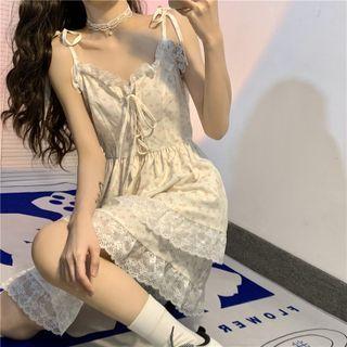 Sleeveless V-neck Lace Floral Print Dress