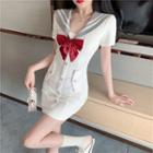 Bow Accent Sailor Collar Short-sleeve Mini Sheath Dress