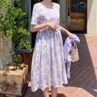 Drawstring-waist Floral Print Dress Purple - One Size