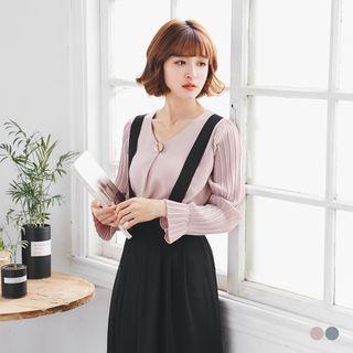 V-neck Button Decor Pleated Chiffon Blouse