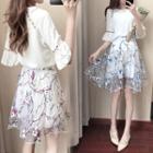Set: Perforated Elbow Sleeve Top + Floral Print Mesh A-line Skirt