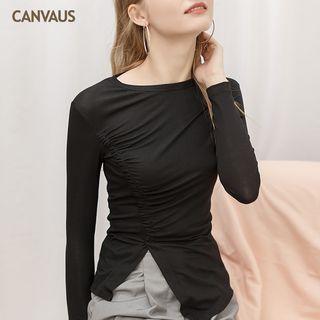 Ruched Slit Long-sleeve T-shirt