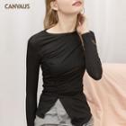 Ruched Slit Long-sleeve T-shirt