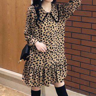 Plain Sweater / Leopard Print Long-sleeve Mini Dress