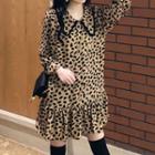 Plain Sweater / Leopard Print Long-sleeve Mini Dress