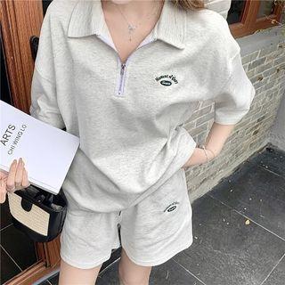 Set: Short-sleeve Logo Embroidered Half-zip Polo Shirt + Shorts