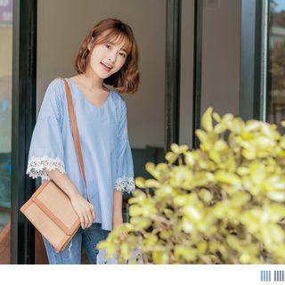 Lace Trim Bell Sleeve V-neck Striped Top
