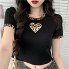 Short-sleeve Leopard Print Heart Cropped T-shirt