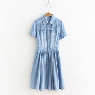 Short-sleeve Washed Denim Shirtdress