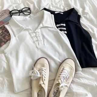 Sleeveless Plain Polo Collar Knot Button Tank Top