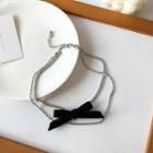 Bow Velvet Rhinestone Layered Choker 1 Piece - Necklace - Bow - Black & Silver - One Size