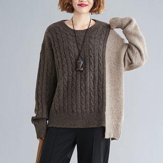 Round Neck Two-tone Sweater Coffee - One Size