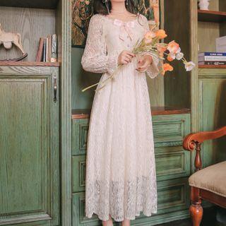 Puff-sleeve Midi A-line Lace Dress / Cardigan