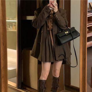 Plain Single-breasted Blazer / Mini Pleated Skirt / Cut-out Cardigan