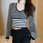Long-sleeve Striped Knit Cropped Top As Shown In Figure - One Size