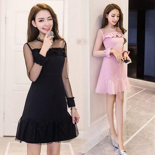 Mesh Panel Ruffle Trim Long-sleeve A-line Dress