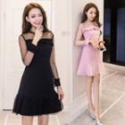 Mesh Panel Ruffle Trim Long-sleeve A-line Dress