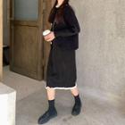 Long-sleeve Lace Trim Knit Midi Shift Dress Black - One Size