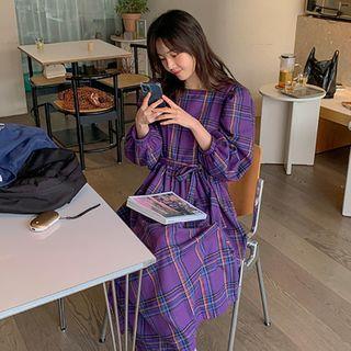 Square-neck Plaid Midi A-line Dress Purple - One Size