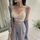 Knit Cardigan / Lace Bralette / Embroidered Band-waist Pants