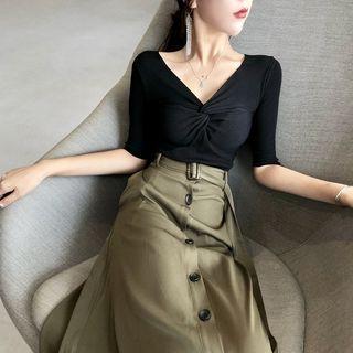V-neck Drawstring Top / Single-breasted High-waist Skirt