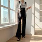 Set: Tie-neck Lace Blouse + Boot-cut Pants Black - One Size