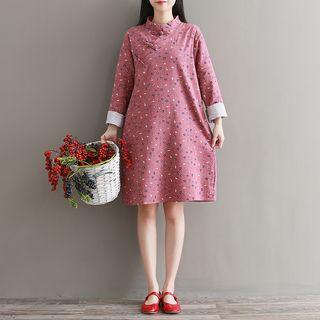 Long-sleeve Frog-buttoned Patterned Dress