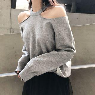 Set: Cold-shoulder Sweater + Midi A-line Mesh Skirt