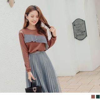 Striped Ruffle Panel Cutout Long Sleeve Top