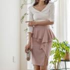 Set: Elbow-sleeve Shirred Top + Ruffle Slit-side Pencil Skirt