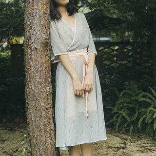 Set: Plain Slipdress + Printed 3/4-sleeve A-line Dress