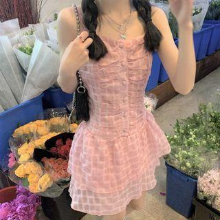 Spaghetti Strap Patterned Shirred A-line Dress