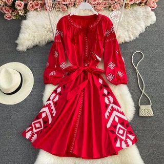 Round Neck Embroidered A-line Dress