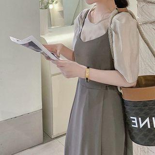 Set: Elbow-sleeve Plain Top + Spaghetti Strap Midi A-line Overall Dress