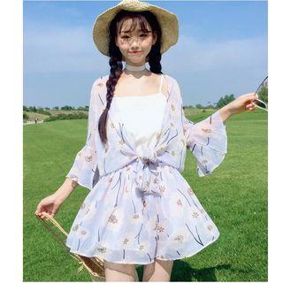 Set: Camisole + Flower Print Chiffon Jacket + Culottes