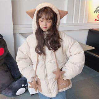 Embroidered Zip Hooded Padded Jacket As Shown In Figure - One Size