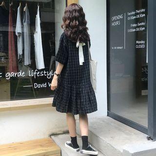 Ribbon-back Plaid A-line Dress