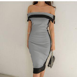 Off-shoulder Contrast Trim Midi Bodycon Dress
