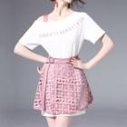 Set: Short-sleeve Lettering Mini Dress + Lace Mini Skirt