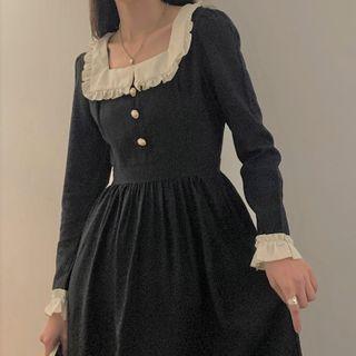 Long-sleeve Square-neck Frill Trim Midi A-line Dress