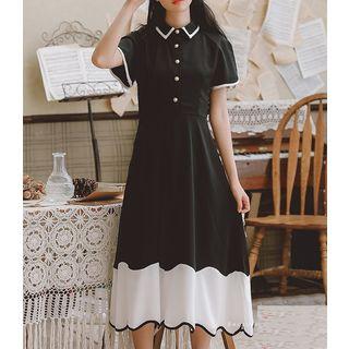 Short-sleeve Collar Color Block Midi Dress