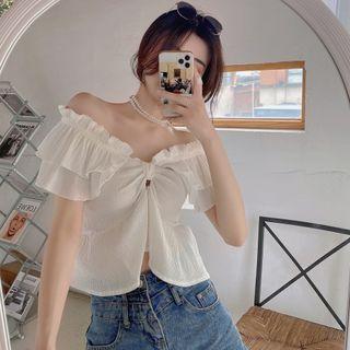 Boatneck Ruffled-trim Chiffon Crop Top White - One Size