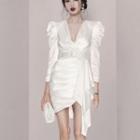 Long-sleeve V-neck Asymmetrical Mini Bodycon Dress