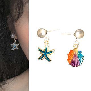 Non-matching Alloy Shell & Starfish Faux Pearl Dangle Earring 1 Pair - 0216a# - Silver Needle - As Shown In Figure - One Size