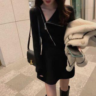 Long-sleeve Asymmetrical Zip-up Mini A-line Dress