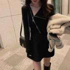 Long-sleeve Asymmetrical Zip-up Mini A-line Dress
