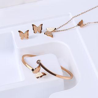 Set: Alloy Butterfly Pendant Necklace + Earring + Open Bangle