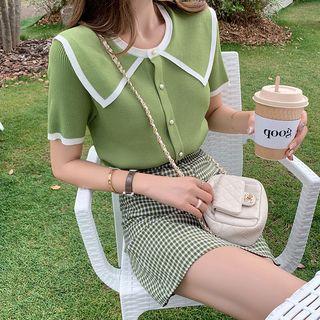 Set: Short-sleeve Contrast Trim Buttoned Top + Gingham Mini Skirt