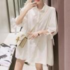 Pleated Back Elbow-sleeve Shirt Dress