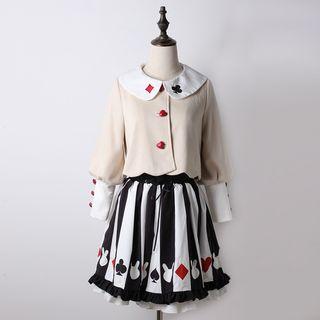 Set: Embroidered Collar Buttoned Jacket + Print A-line Skirt